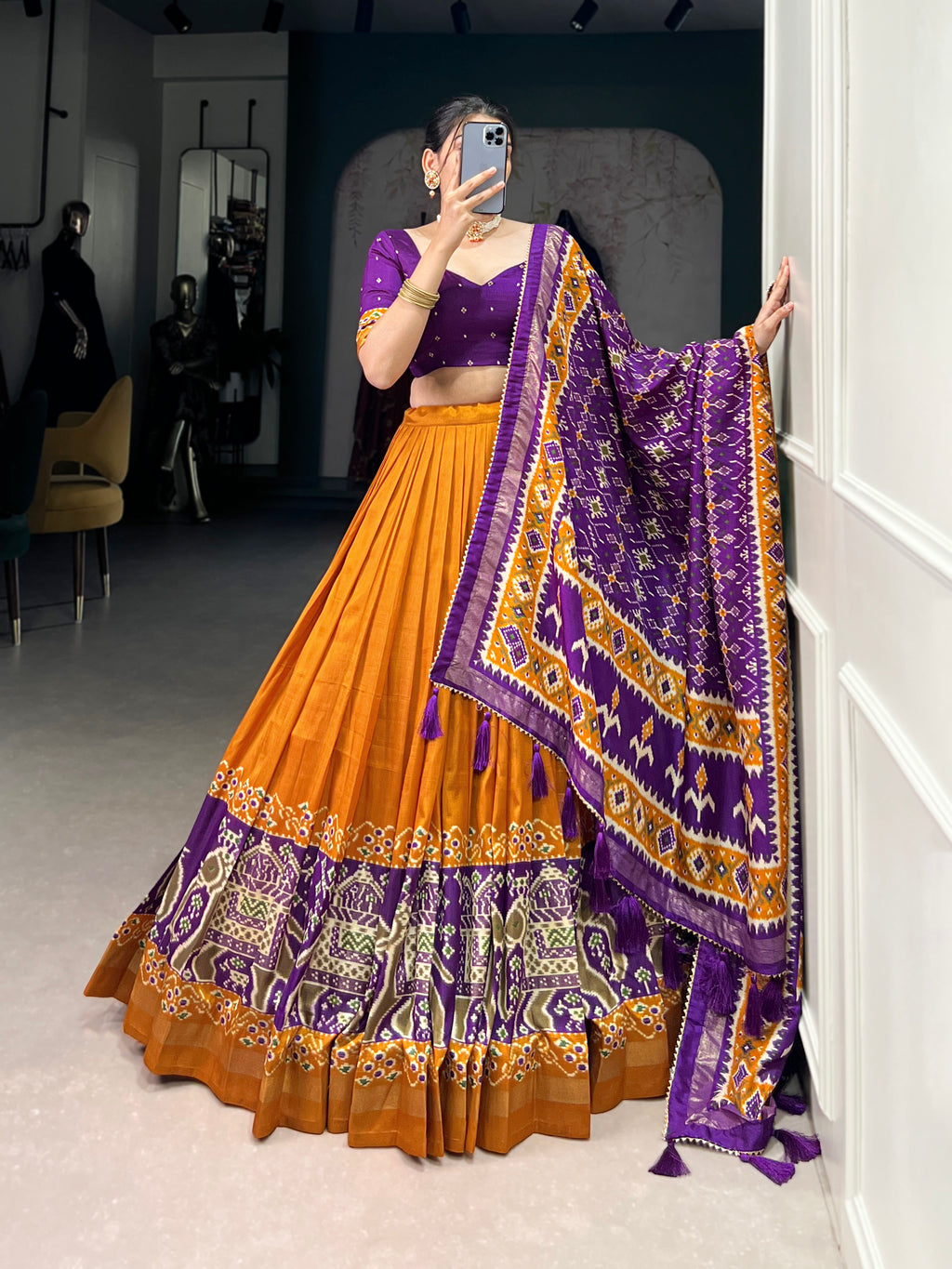 Designer Semi-Stitched Tussar Silk Lehenga Choli | Printed Blouse & Matching Dupatta | Elegant for Wedding, Festival, Reception & Party