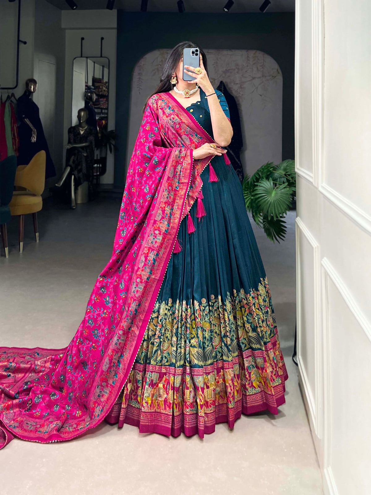Designer Semi-Stitched Tussar Silk Lehenga Choli | Printed Blouse & Matching Dupatta | Elegant for Wedding, Festival, Reception & Party