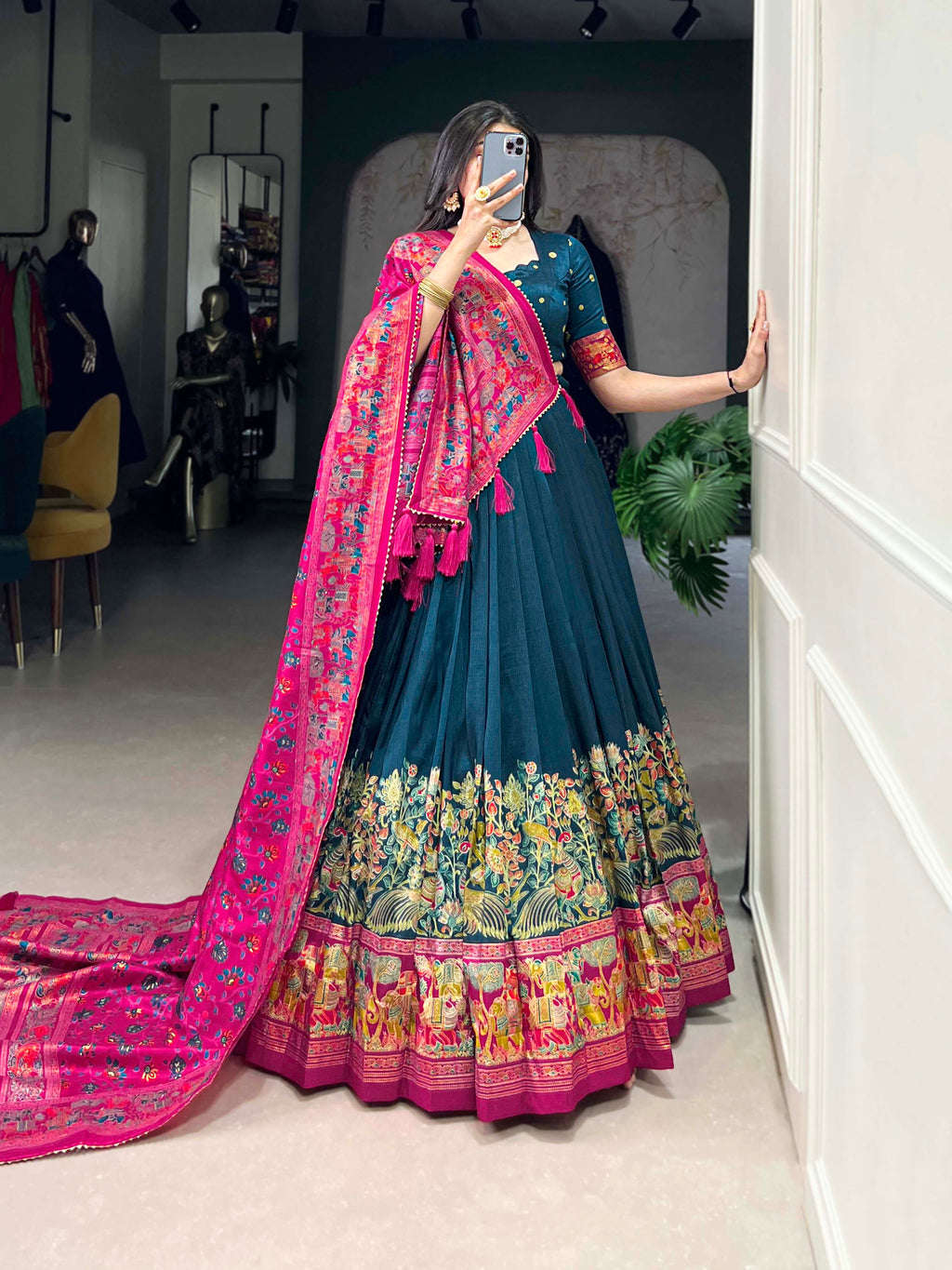 Designer Semi-Stitched Tussar Silk Lehenga Choli | Printed Blouse & Matching Dupatta | Elegant for Wedding, Festival, Reception & Party