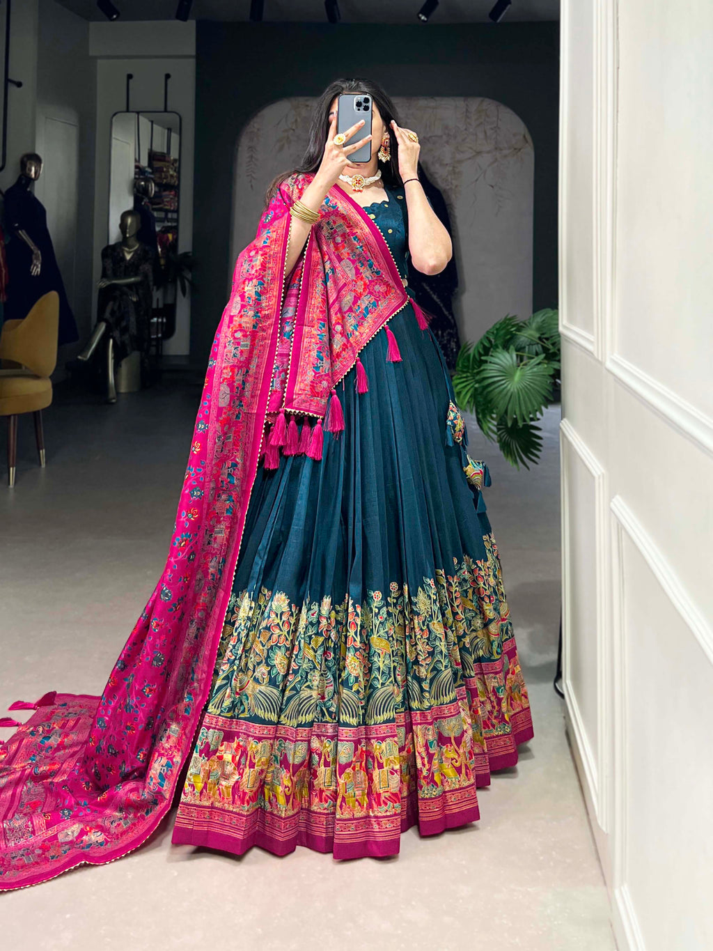 Designer Semi-Stitched Tussar Silk Lehenga Choli | Printed Blouse & Matching Dupatta | Elegant for Wedding, Festival, Reception & Party