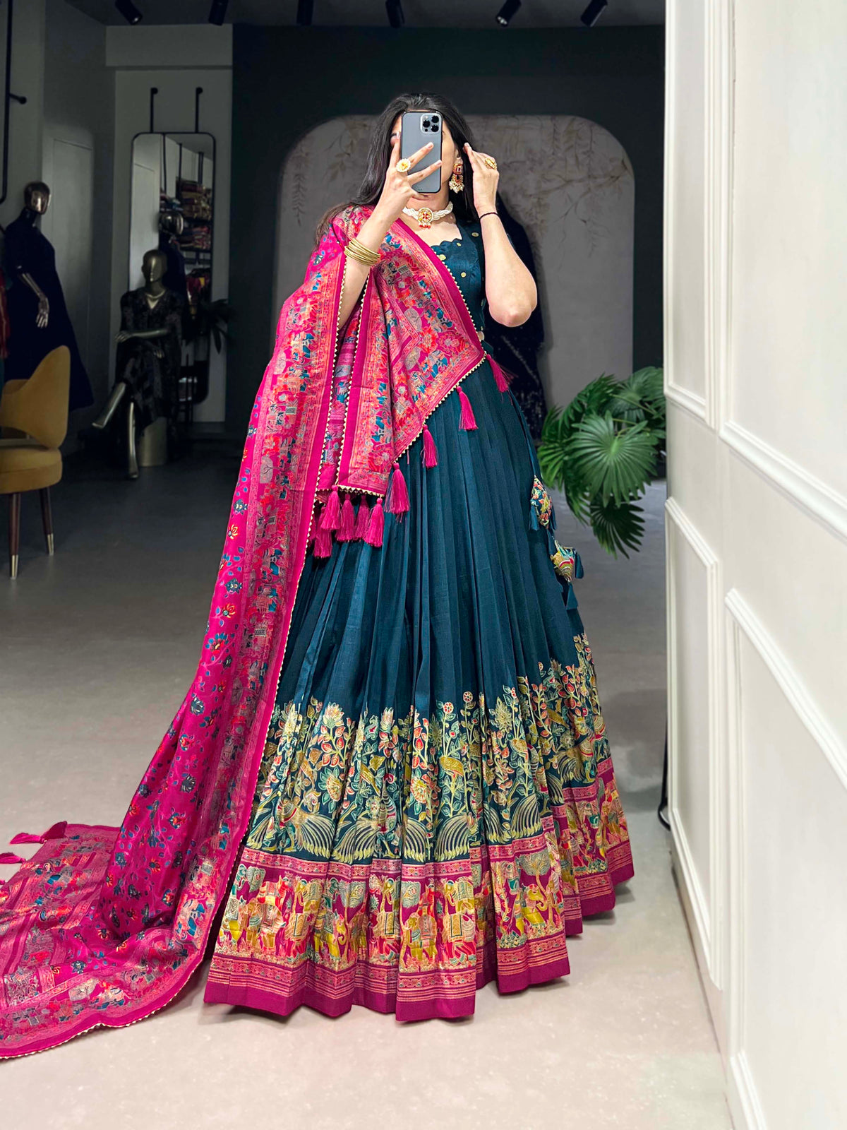 Designer Semi-Stitched Tussar Silk Lehenga Choli | Printed Blouse & Matching Dupatta | Elegant for Wedding, Festival, Reception & Party