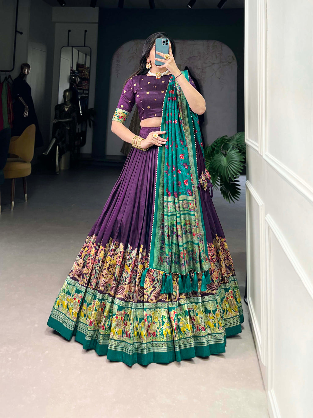 Designer Semi-Stitched Tussar Silk Lehenga Choli | Printed Blouse & Matching Dupatta | Elegant for Wedding, Festival, Reception & Party