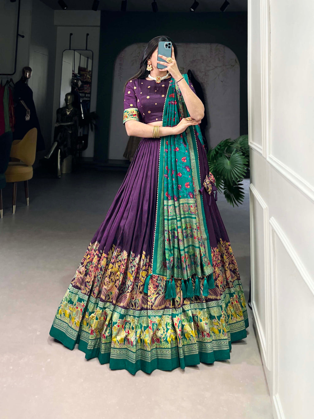 Designer Semi-Stitched Tussar Silk Lehenga Choli | Printed Blouse & Matching Dupatta | Elegant for Wedding, Festival, Reception & Party
