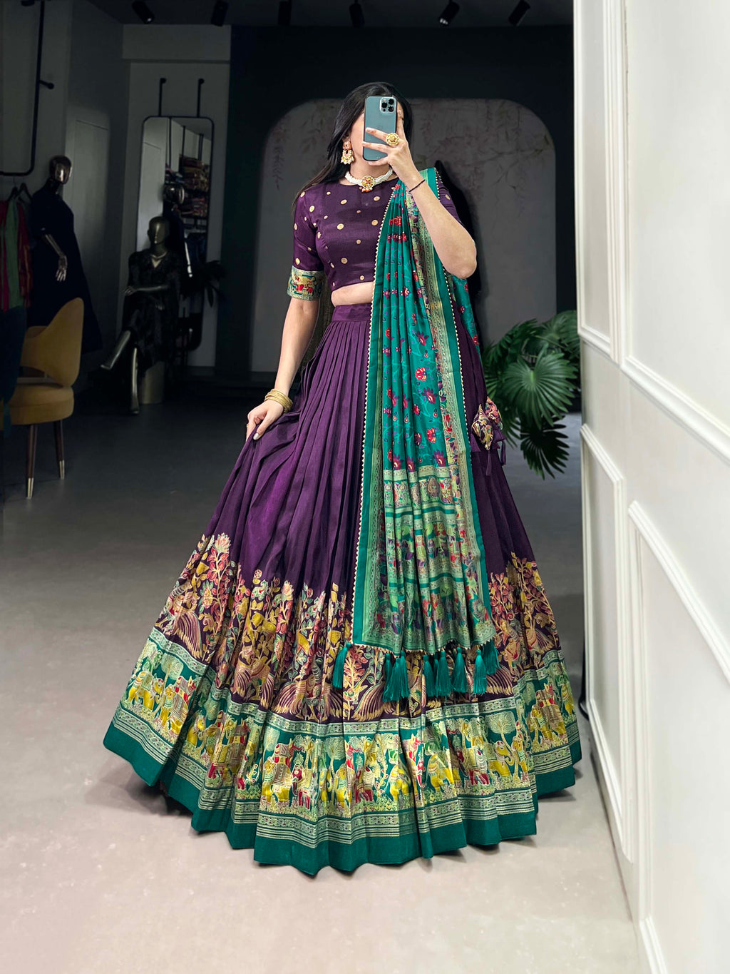 Designer Semi-Stitched Tussar Silk Lehenga Choli | Printed Blouse & Matching Dupatta | Elegant for Wedding, Festival, Reception & Party