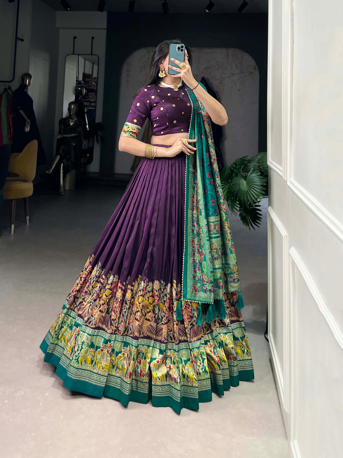 Designer Semi-Stitched Tussar Silk Lehenga Choli | Printed Blouse & Matching Dupatta | Elegant for Wedding, Festival, Reception & Party
