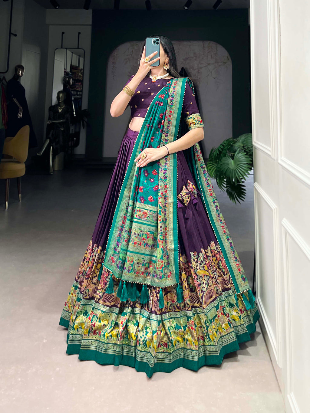 Designer Semi-Stitched Tussar Silk Lehenga Choli | Printed Blouse & Matching Dupatta | Elegant for Wedding, Festival, Reception & Party
