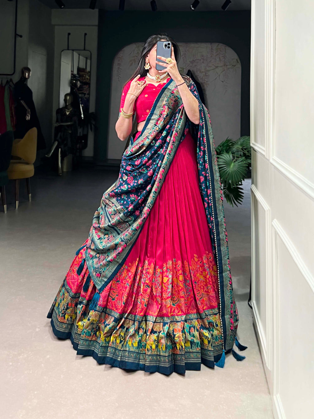 Designer Semi-Stitched Tussar Silk Lehenga Choli | Printed Blouse & Matching Dupatta | Elegant for Wedding, Festival, Reception & Party