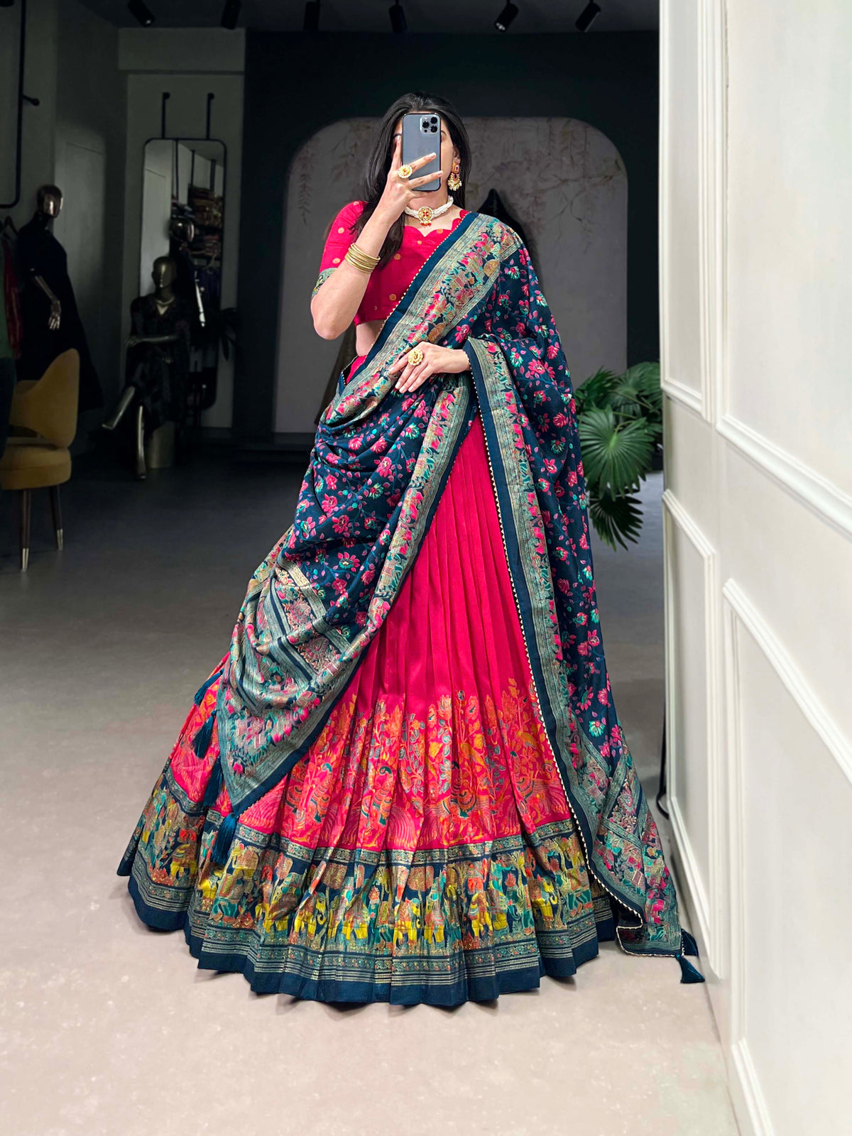 Designer Semi-Stitched Tussar Silk Lehenga Choli | Printed Blouse & Matching Dupatta | Elegant for Wedding, Festival, Reception & Party