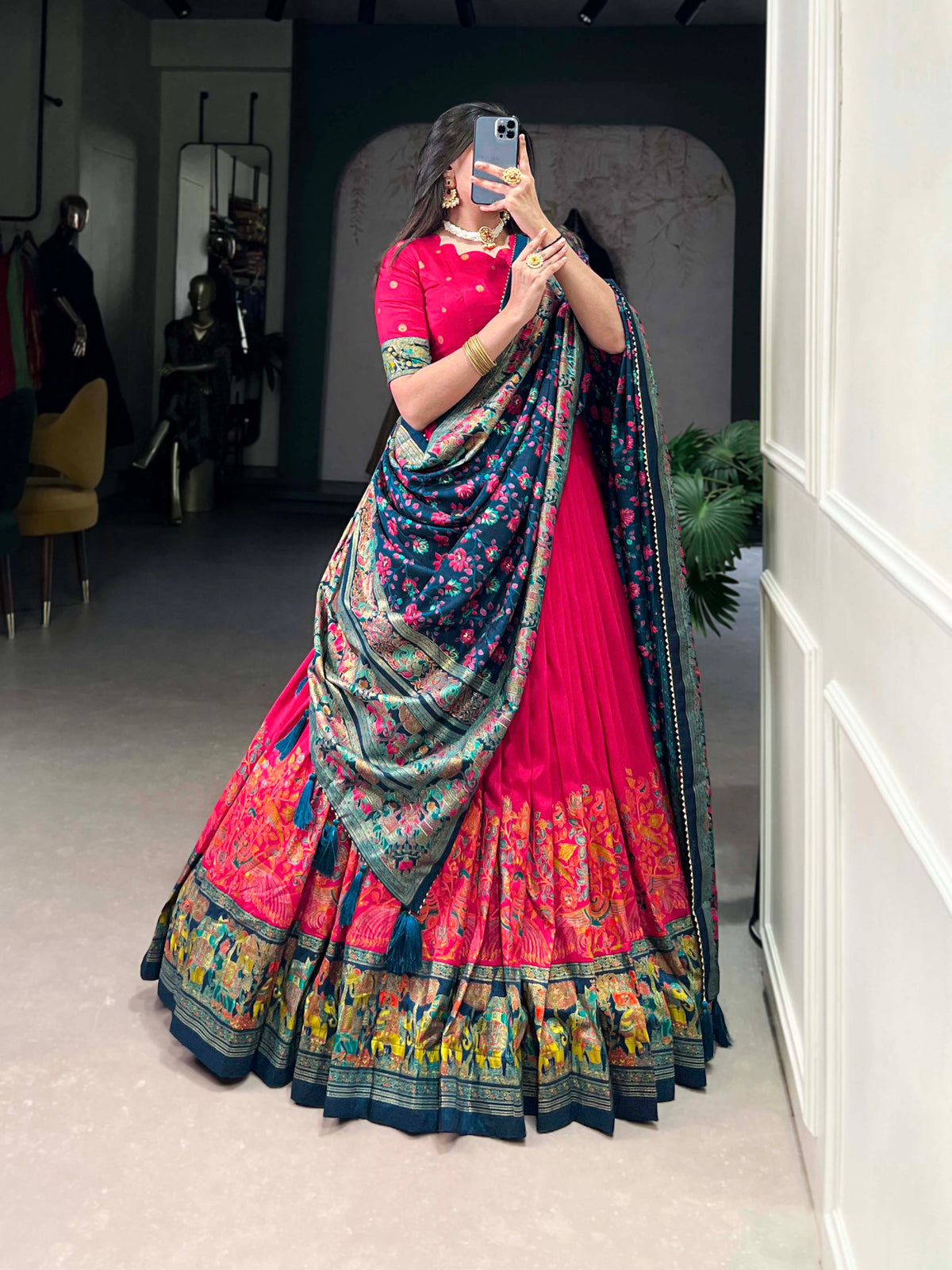 Designer Semi-Stitched Tussar Silk Lehenga Choli | Printed Blouse & Matching Dupatta | Elegant for Wedding, Festival, Reception & Party