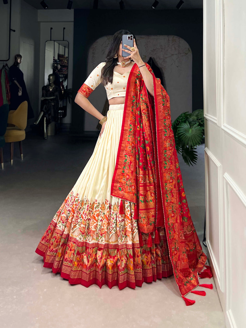 Designer Semi-Stitched Tussar Silk Lehenga Choli | Printed Blouse & Matching Dupatta | Elegant for Wedding, Festival, Reception & Party