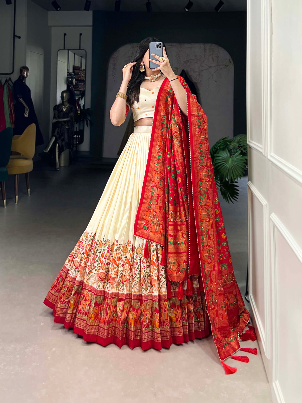 Designer Semi-Stitched Tussar Silk Lehenga Choli | Printed Blouse & Matching Dupatta | Elegant for Wedding, Festival, Reception & Party