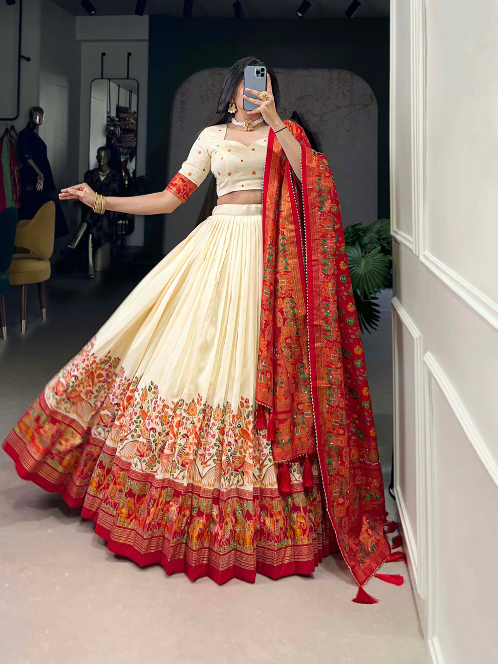 Designer Semi-Stitched Tussar Silk Lehenga Choli | Printed Blouse & Matching Dupatta | Elegant for Wedding, Festival, Reception & Party