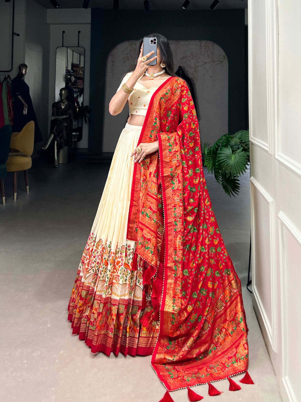 Designer Semi-Stitched Tussar Silk Lehenga Choli | Printed Blouse & Matching Dupatta | Elegant for Wedding, Festival, Reception & Party