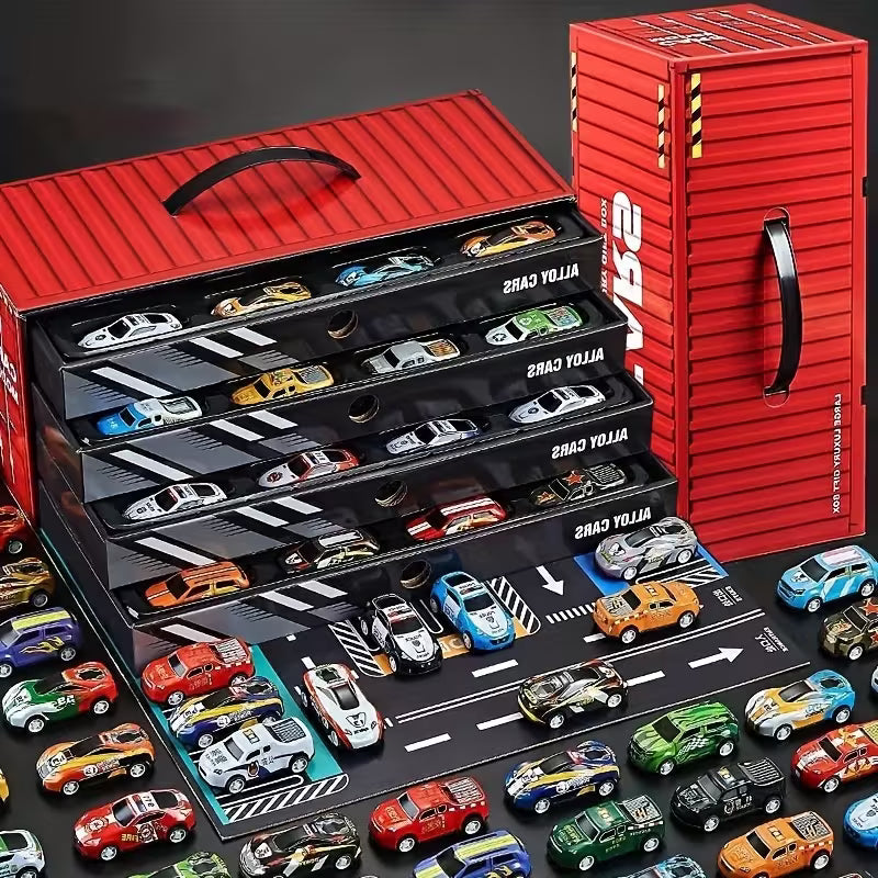 48 PCS Pull Car Container Toy Set for Kids – Alloy Die Cast Racing Cars with Storage Truck Case, Foldable Play Mat Road Map, Friction Powered Mini Vehicle Toys for Boys & Girls Age 3+