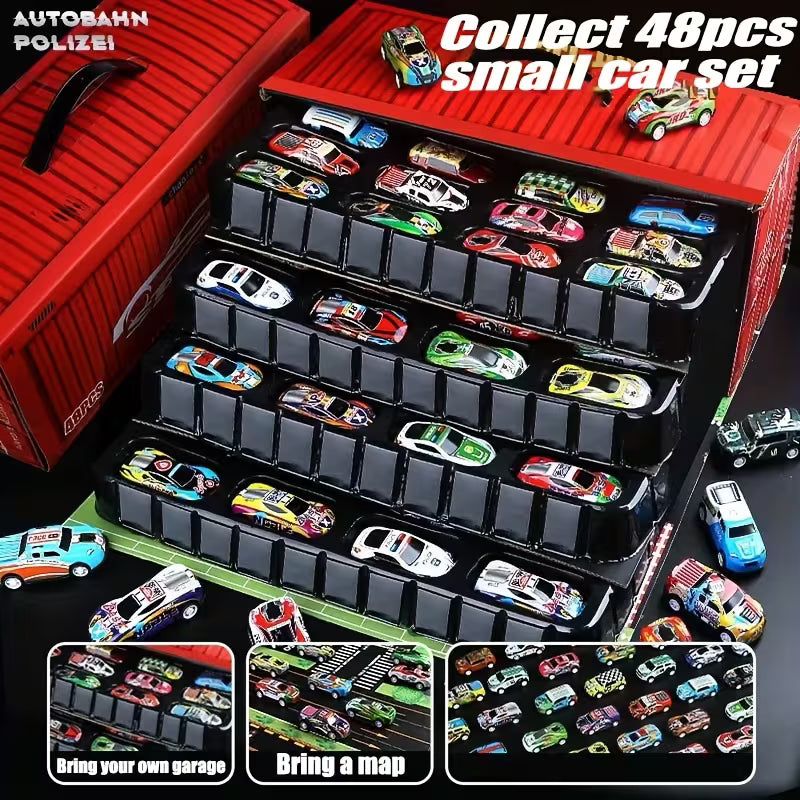 48 PCS Pull Car Container Toy Set for Kids – Alloy Die Cast Racing Cars with Storage Truck Case, Foldable Play Mat Road Map, Friction Powered Mini Vehicle Toys for Boys & Girls Age 3+